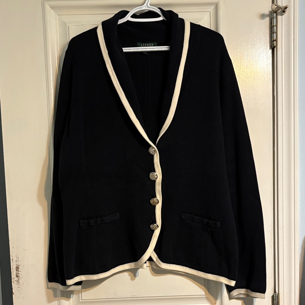 Lauren Ralph Lauren Black Cardigan with White Trim and Decorative Buttons